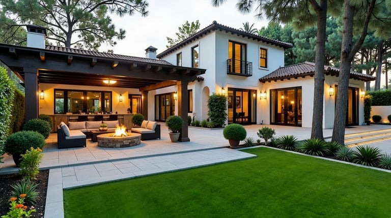 a large backyard patio with a fire pit under a pergola, with synthetic grass