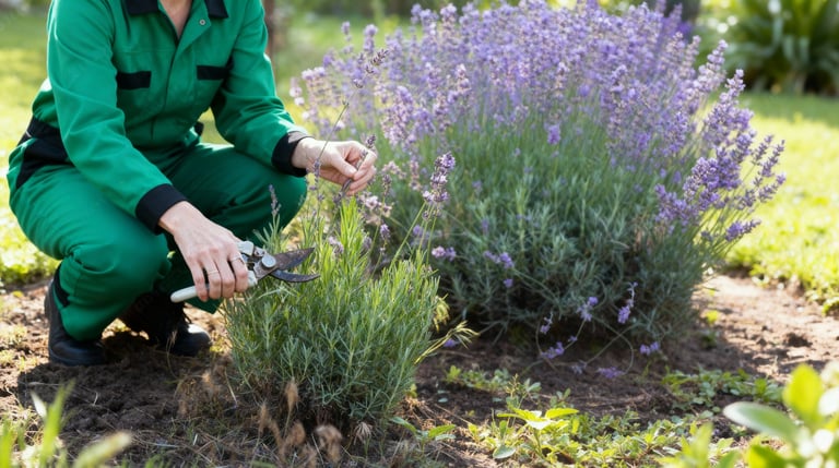 a person in a green uniform is pruning a lavender bush