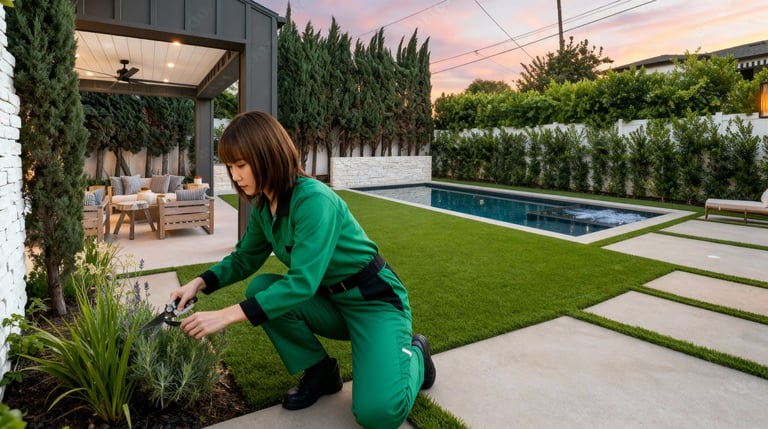 a person in green uniform pruning a plant in a flower bed