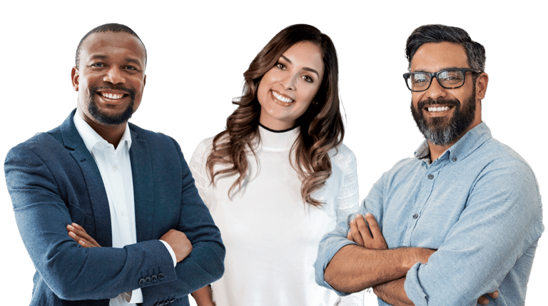 black man in blue blazer and white woman in white sweater and white male in blue shirt