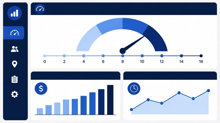 Flat-style vector illustration of a digital dashboard showing metrics and a scale from 0 to 16, repr