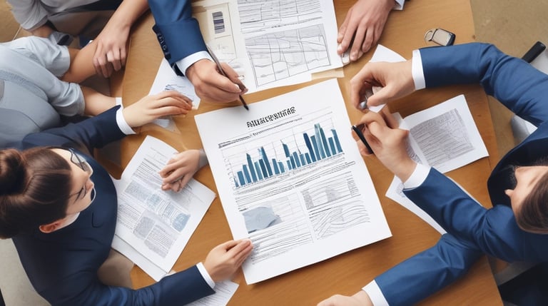 Employees review financial reporting with fractional CFO at conference room table.