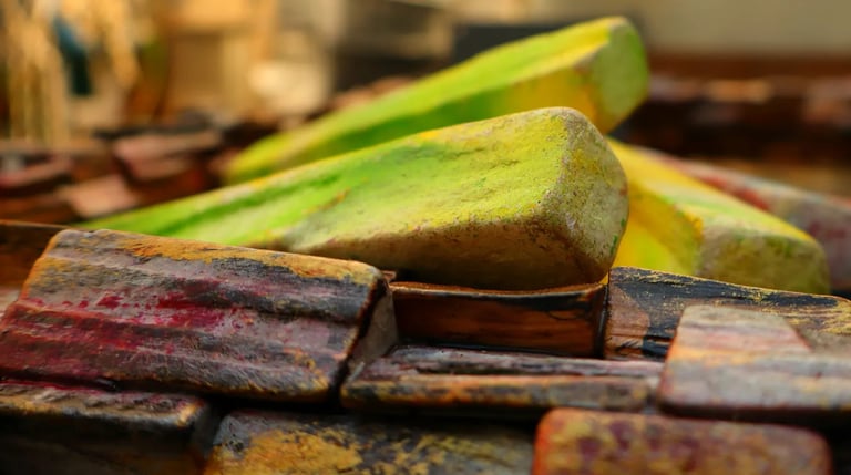Nahaufnahme von kunstvoll bemalten Holzscheiten aus eigener Herstellung