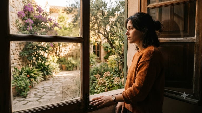 Mujer deprimida y pensativa mirando un jardín de Valencia antes de ir a terapia.