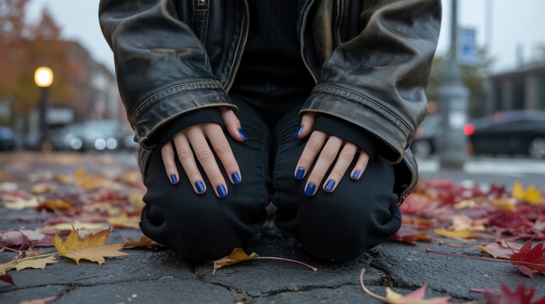 a woman with blue nails and a black jacket