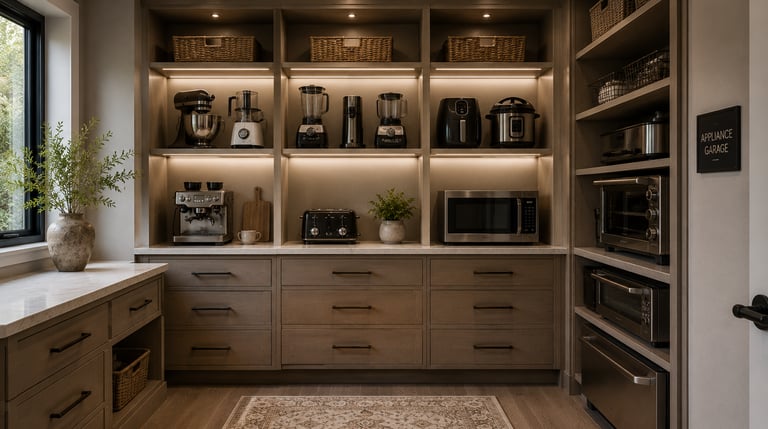 Custom wooden kitchen appliance garage with integrated LED lighting and organized small appliances.