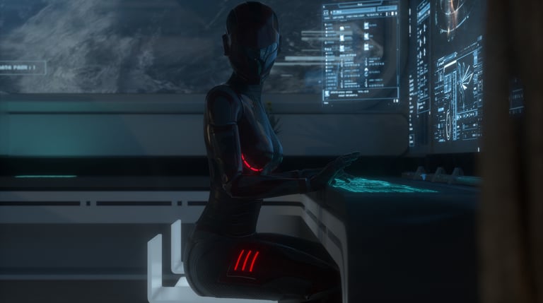 An AI humanoid robot works at a futuristic computer station with glowing interfaces in a dimly lit, high-tech control room.