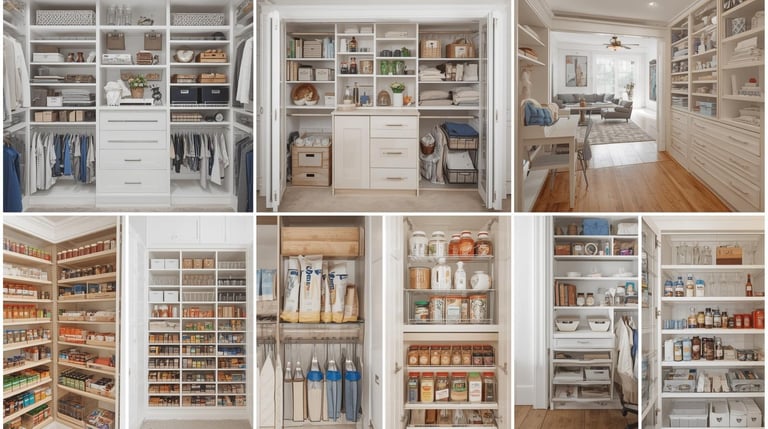 Collage of organized closets, pantries, and storage systems with shelves, drawers, and baskets.