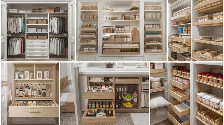 Collage of closets and pantries with shelving, pull-out drawers, baskets, and organized storage.