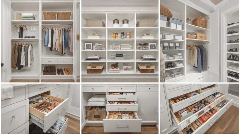 Collage of custom closets and drawers with organized clothes, baskets, and storage bins.