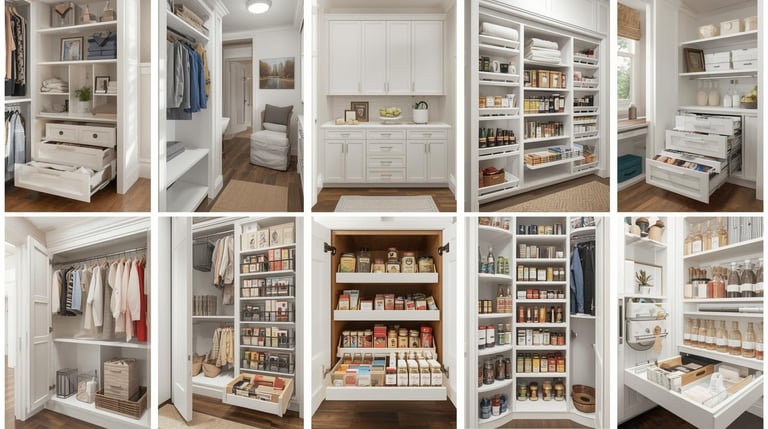 Collage of organized closets, pantries, and drawers with labeled bins and sleek white cabinetry.