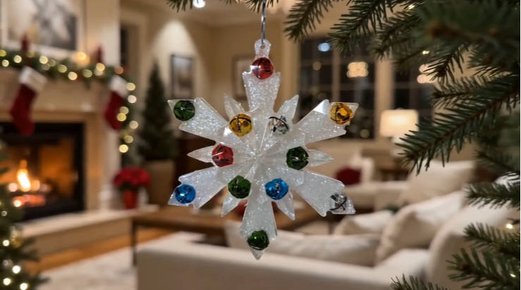 White glitter snowflake Christmas ornament with colorful jingle bells hanging on a tree.