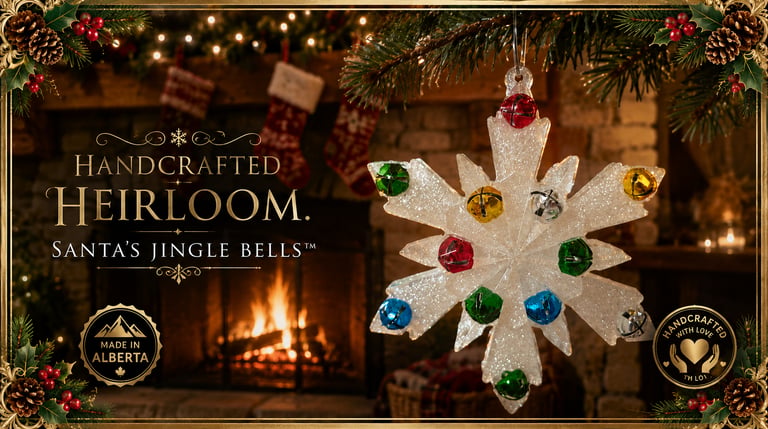 Handcrafted snowflake ornament with colorful jingle bells hanging by a cozy Christmas fireplace.
