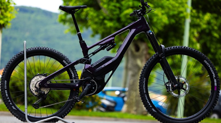 Vélo electrique lapierre noir tout suspendu pris en photo proche du magasin