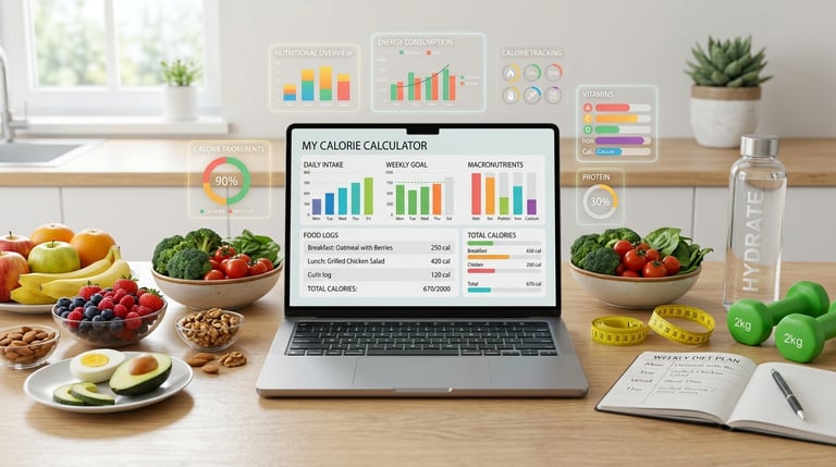 Calorie calculator dashboard with nutrition charts, healthy foods, and fitness elements for diet pla