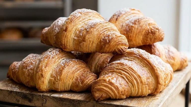 Professional-style croissants with perfectly laminated flaky layers and golden color