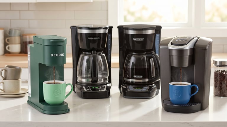 Keurig and Black+Decker coffee makers brewing fresh coffee on a white kitchen countertop.
