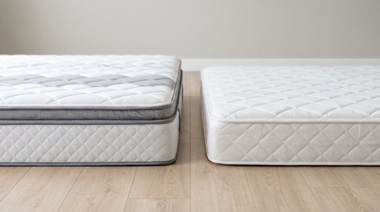 Side-by-side comparison of a thick hybrid pillow-top mattress and a slim memory foam mattress on a wood floor.