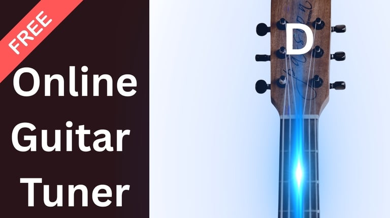Free online guitar tuner interface showing a guitar headstock and fretboard with a glowing D note indicator.