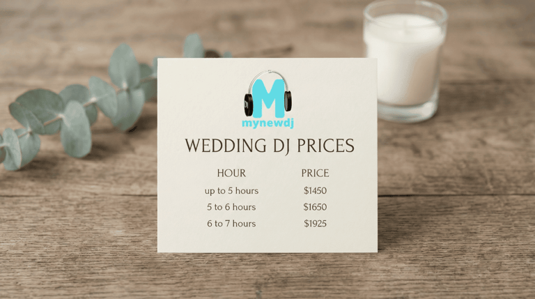 An image showing wedding dj prices. Up to 5 hours: $1450. 5 to 6 hours: $1650. 6 to 7 hours: $1925