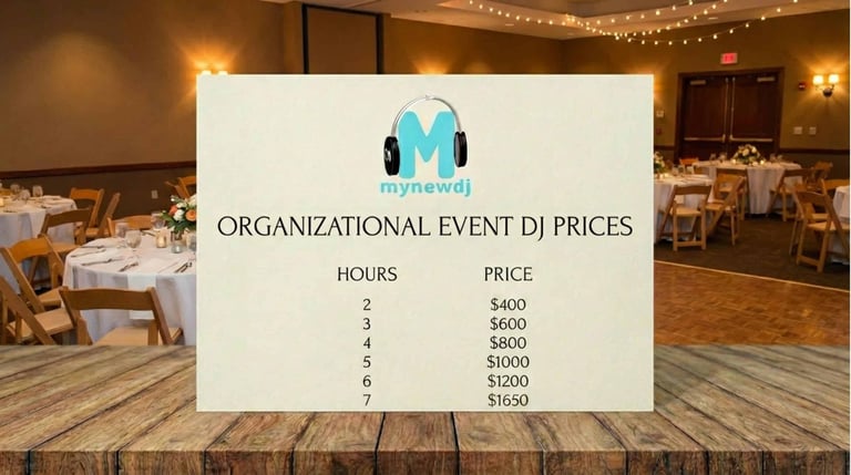 a card with private event dj prices sitting on a wooden table with a backdrop of a banquet room