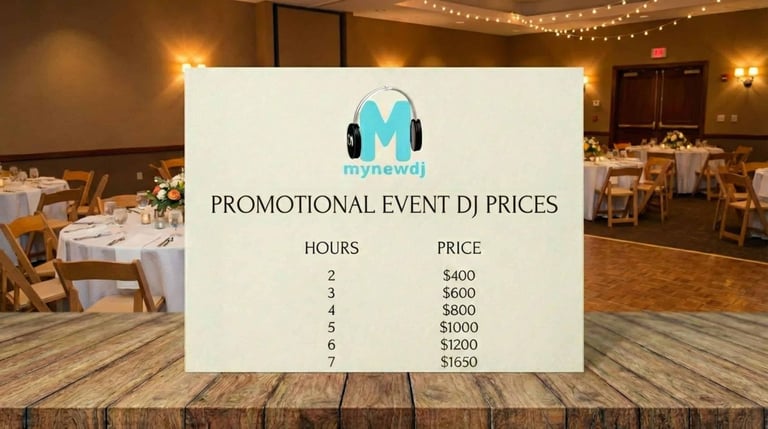 a card with promotional event dj prices sitting on a wooden table with a backdrop of a banquet room