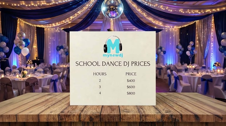 a card with school dance dj prices sitting on a wooden table with a backdrop of a school prom.
