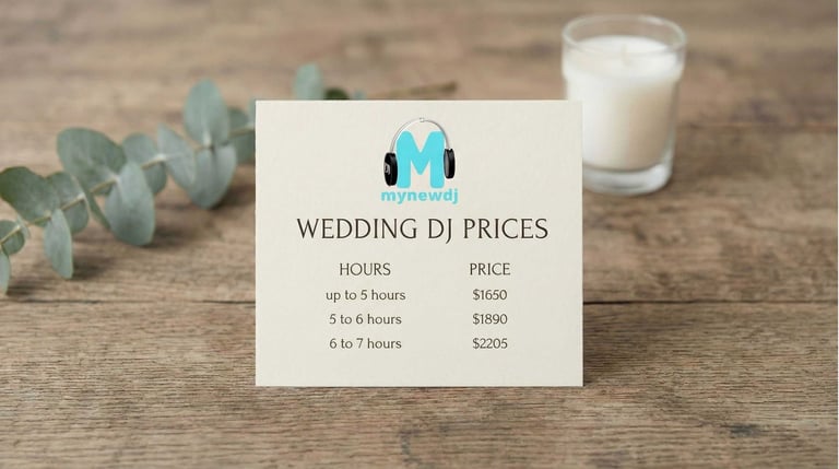 a card with wedding dj prices sitting on a wooden table