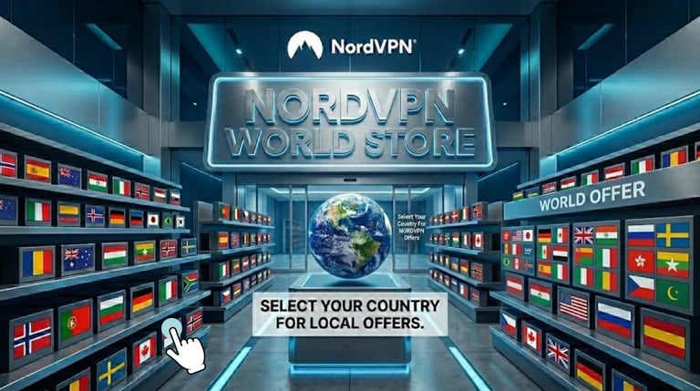 NordVPN Store: shelves with global flags, a central Earth globe, and a hand pointing at a specific country license.
