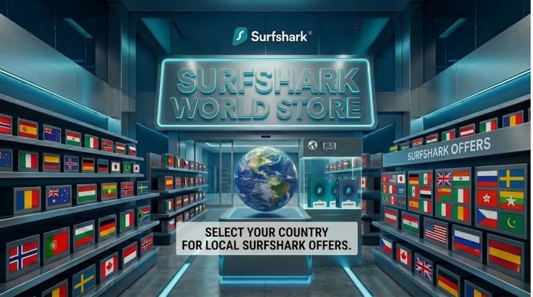 Futuristic Surfshark World Store interior with rows of screens displaying world country flags for local VPN deals.