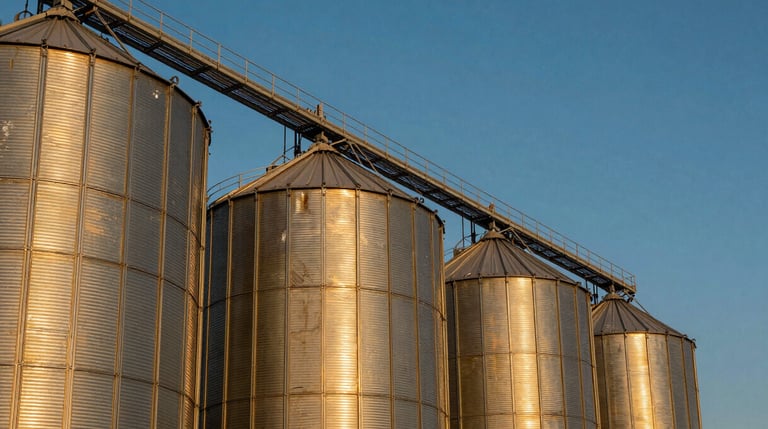 Golden-hour grain silos standing tall against a deep blue sky, warm natural sunlight, rich amber tones