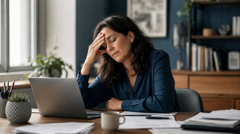A stressed woman with a headache sitting at a desk with a laptop, experiencing work-related burnout.
