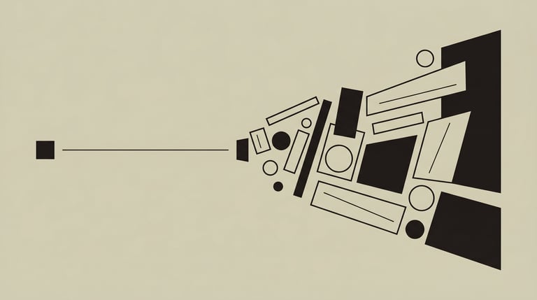 Geometric illustration of a small shape on the left  connected by a thin line.
