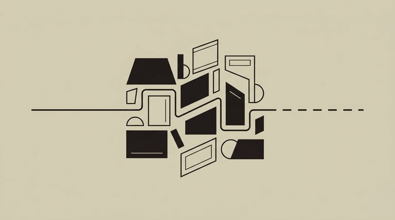 Geometric illustration of a continuous line navigating  through a cluster of abstract shapes.