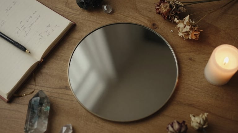 Shadow work practice tools including journal, crystals, and candle for self-discovery