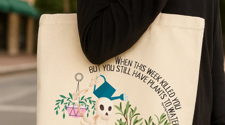 Eco-friendly plant-themed tote bag with illustrated plants and watering can artwork — Miss Chatty Plants accessories.