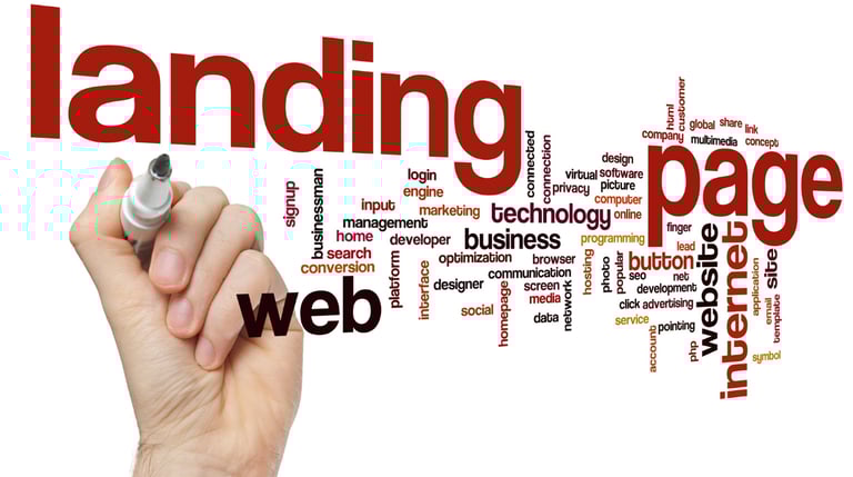 A hand writing landing page with different website technical terms at the background