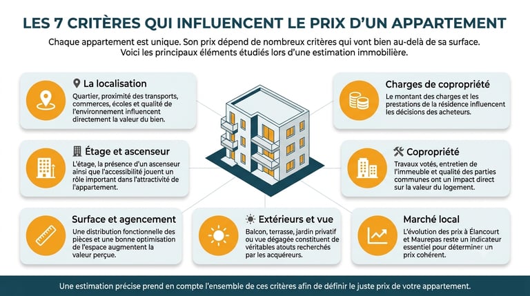 Infographie des 7 critères d'estimation d'un appartement à Maurepas et Élancourt