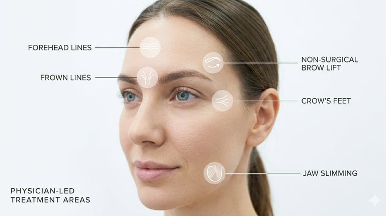 A medical illustration map showing common aesthetic treatment areas for wrinkle relaxers, including