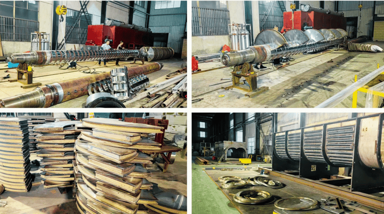 an assembly line carefully installing key components of an industrial paddle dryer