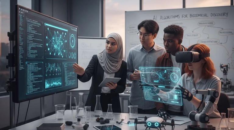 Group of professionals working on data science dashboards and coding screens in a dim-lit room