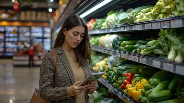 A woman frustrated over fresh produce prices in a supermarket.