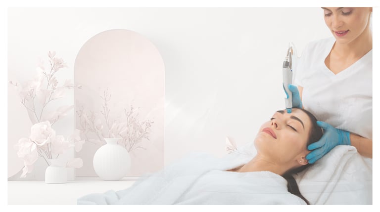 A professional esthetician performing a hydrafacial treatment on a woman's face at a luxury spa.