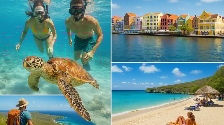 Collage showing top budget-friendly things to do in Curaçao: snorkeling with a sea turtle, colorful Willemstad waterfront, re