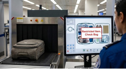 At airport Checked-in baggage scanned through the x-ray 