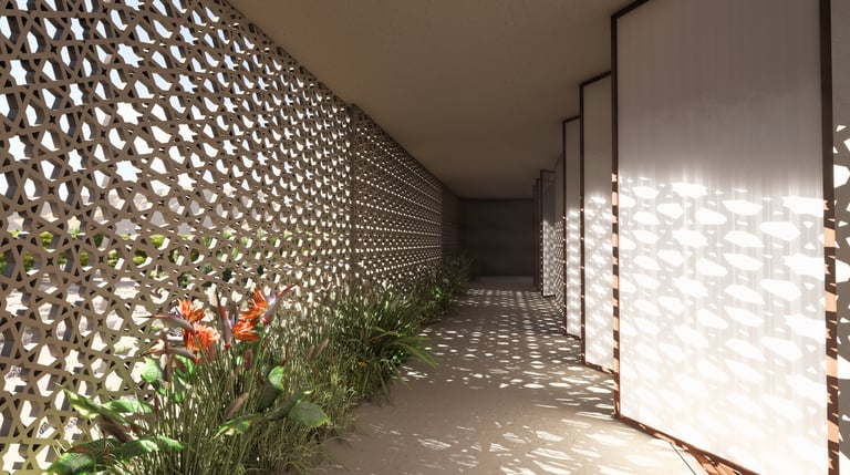 Geometric mashrabiya corridor, House of the Future UAE