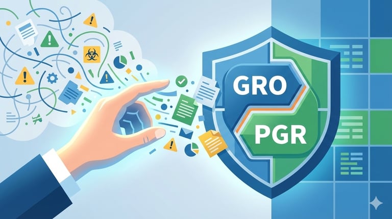 Capa: GRO e PGR simplificados. Ilustração digital de uma mão organizando dados de segurança disperso