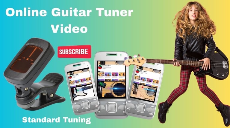 Girl with electriguitar using online guitar tuner app on mobile phones online digital tuner.