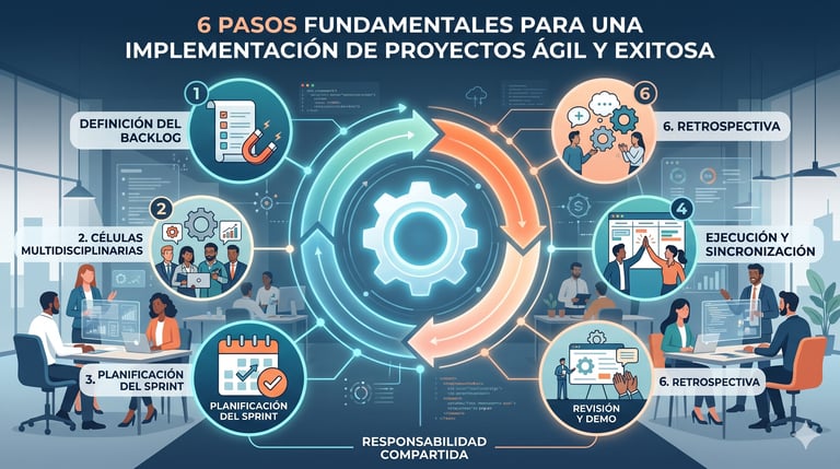Diagrama del ciclo de vida ágil con los 6 pasos fundamentales de implementación.
