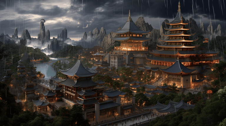 a cityscape of a mountaintop with a pagoda in the background